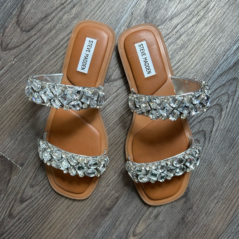 Steve Madden Women's Tan Sandals with Crystal Embellishments